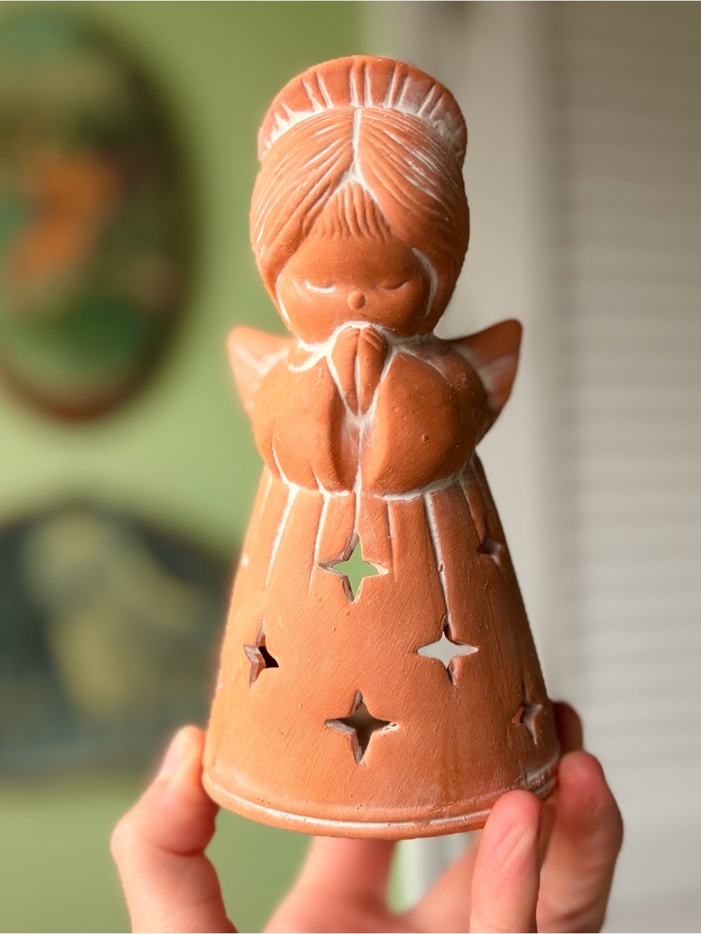 Handcrafted Tealight Praying Angel Accent in Terracotta Vintage